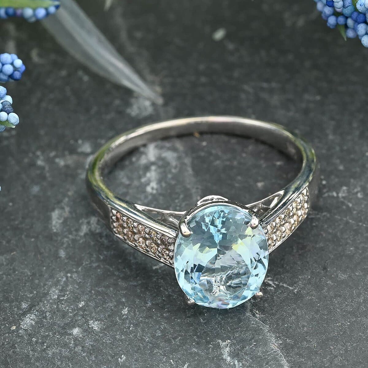 Certified & Appraised Luxoro 14K White Gold AAA Santa Maria Aquamarine and G-H I2 Diamond Ring, Promise Rings (Size 6.5) 2.50 ctw image number 1