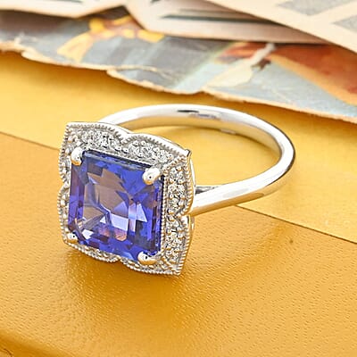 Certified & Appraised Rhapsody 950 Platinum AAAA Asscher Cut Tanzanite and E-F VS Diamond Ring (Size 10.0) 6.60 Grams 4.30 ctw
