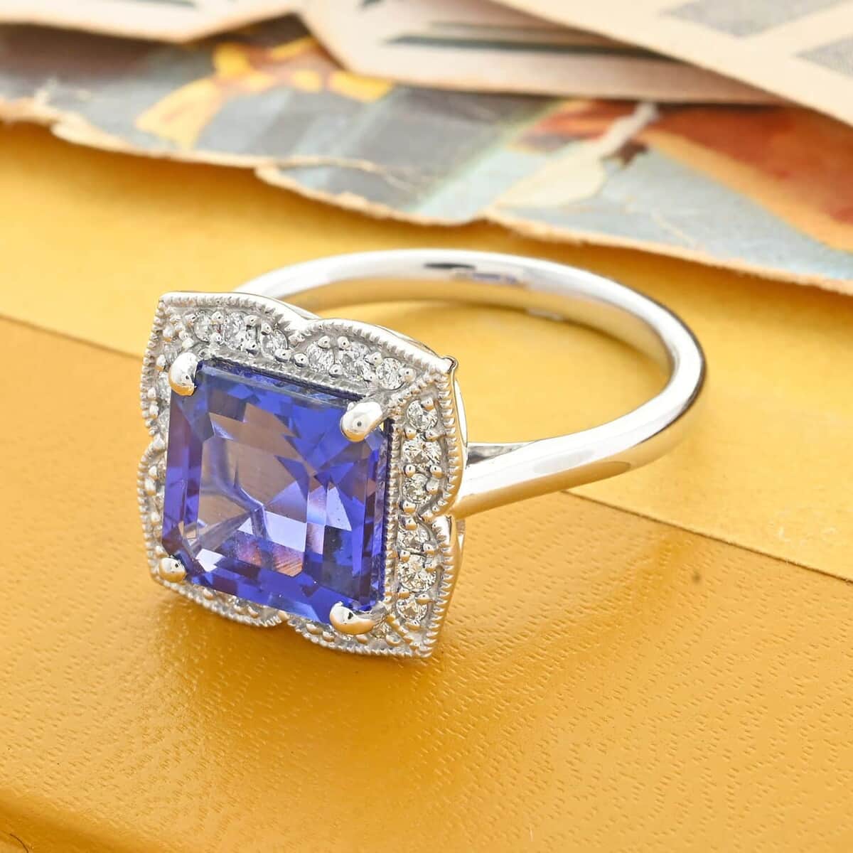 Certified & Appraised Rhapsody 950 Platinum AAAA Asscher Cut Tanzanite and E-F VS Diamond Ring (Size 6.0) 6.60 Grams 4.30 ctw image number 1