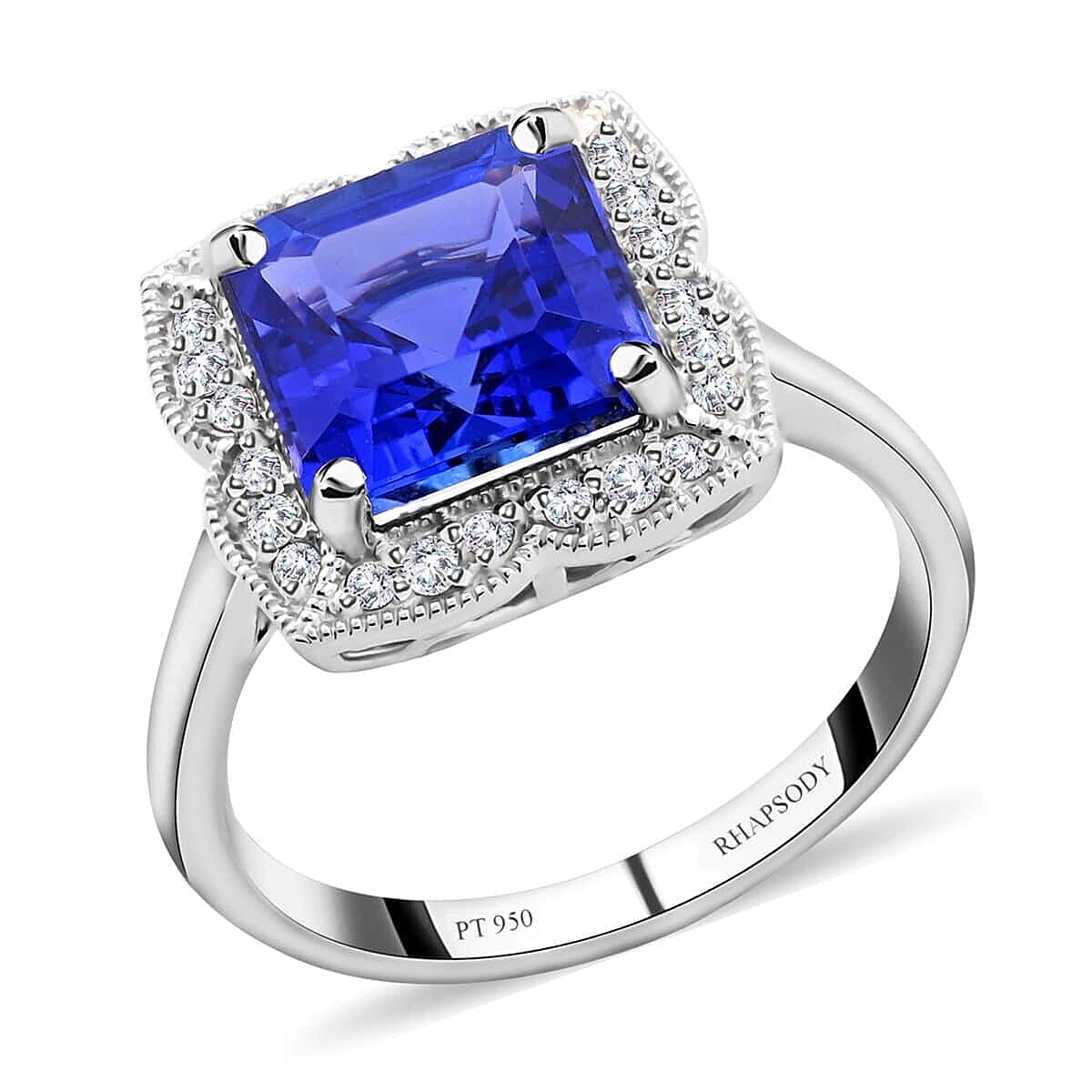 Certified & Appraised Rhapsody 950 Platinum AAAA Asscher Cut Tanzanite and E-F VS Diamond Ring 6.60 Grams 4.30 ctw