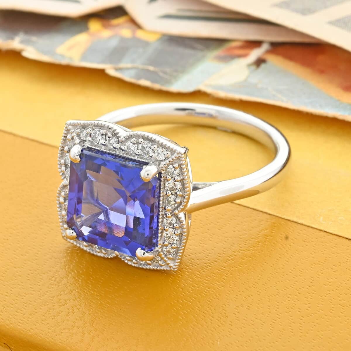 Certified & Appraised Rhapsody 950 Platinum AAAA Asscher Cut Tanzanite and E-F VS Diamond Ring (Size 7.0) 6.60 Grams 4.30 ctw image number 1