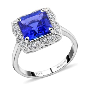 Certified & Appraised Rhapsody 950 Platinum AAAA Asscher Cut Tanzanite and E-F VS Diamond Ring (Size 8.0) 6.60 Grams 4.30 ctw