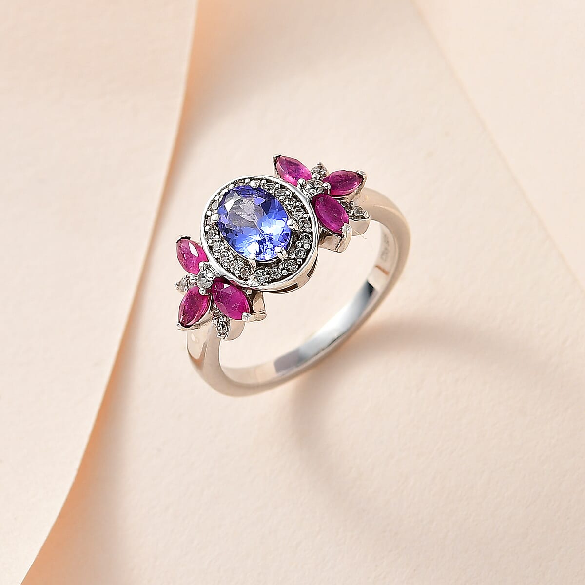 Tanzanite and Multi Gemstone Floral Ring in Platinum Over Sterling Silver 1.85 ctw image number 1