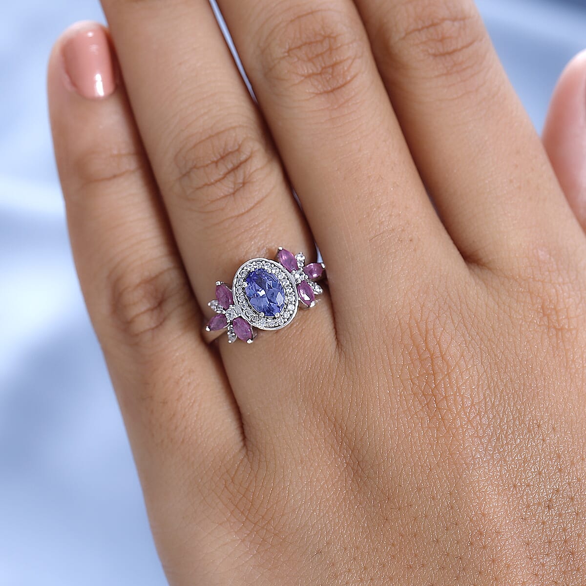 Tanzanite and Multi Gemstone Floral Ring in Platinum Over Sterling Silver 1.85 ctw image number 2