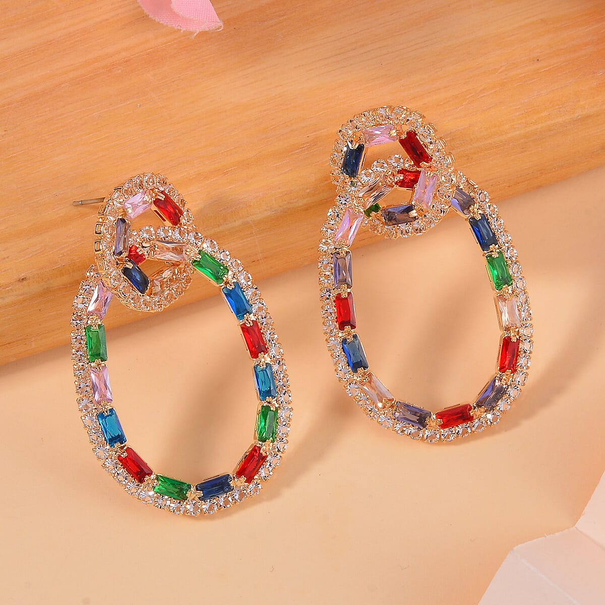 Multi Color Austrian Crystal Earrings in Goldtone image number 1