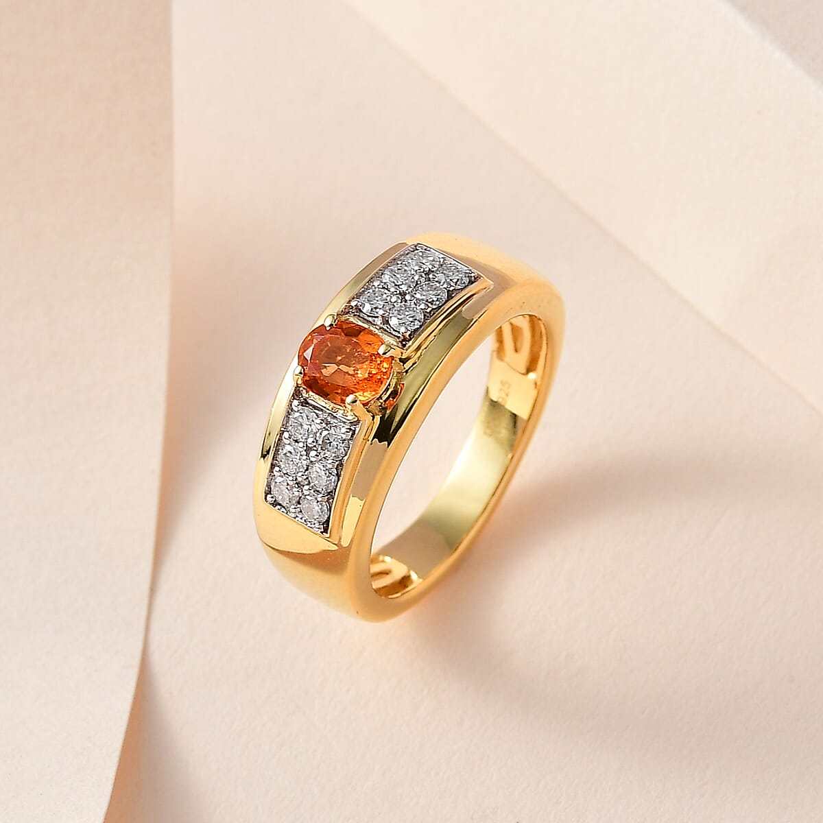 Premium Nigerian Spessartite Garnet and Moissanite Men's Ring in Vermeil Yellow Gold Over Sterling Silver 1.30 ctw image number 1