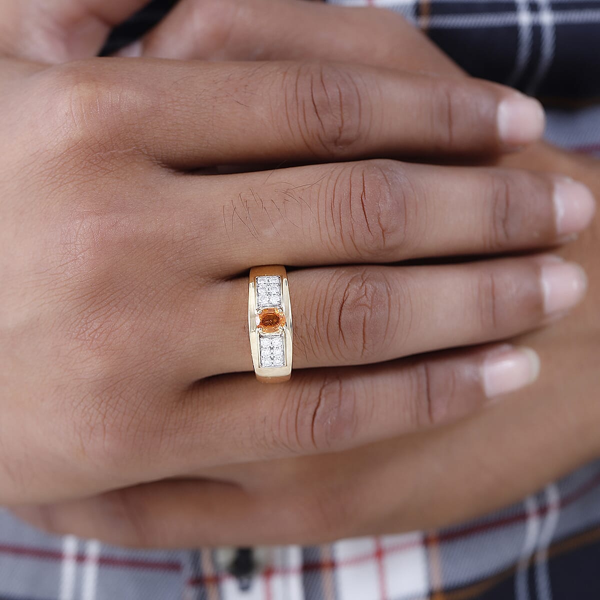 Premium Nigerian Spessartite Garnet and Moissanite Men's Ring in Vermeil Yellow Gold Over Sterling Silver (Size 11.0) 1.30 ctw image number 2