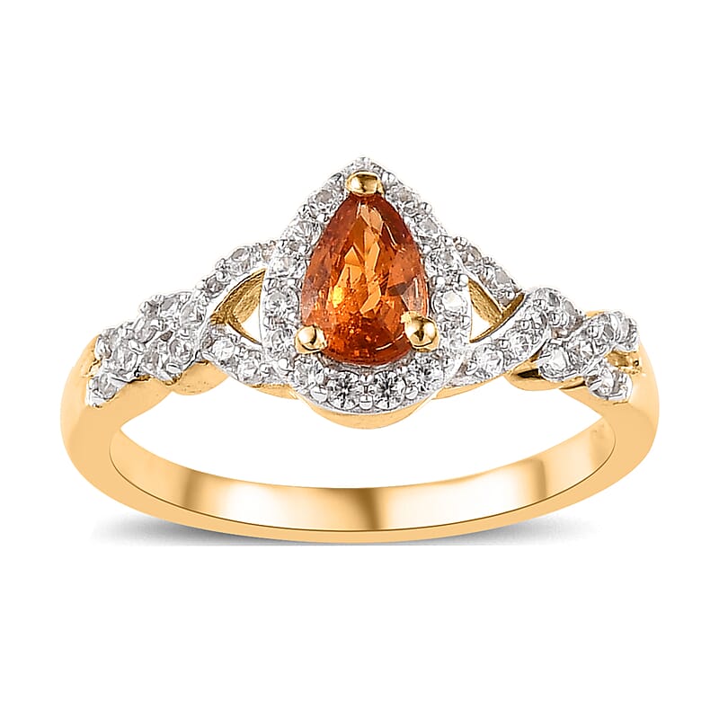 Premium Nigerian Spessartite Garnet and White Zircon Halo Ring in Vermeil Yellow Gold Over Sterling Silver (Size 10.0) 1.00 ctw