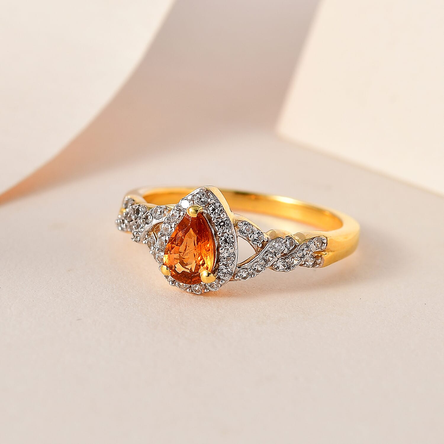 Premium Nigerian Spessartite Garnet and White Zircon Halo Ring in Vermeil Yellow Gold Over Sterling Silver (Size 10.0) 1.00 ctw