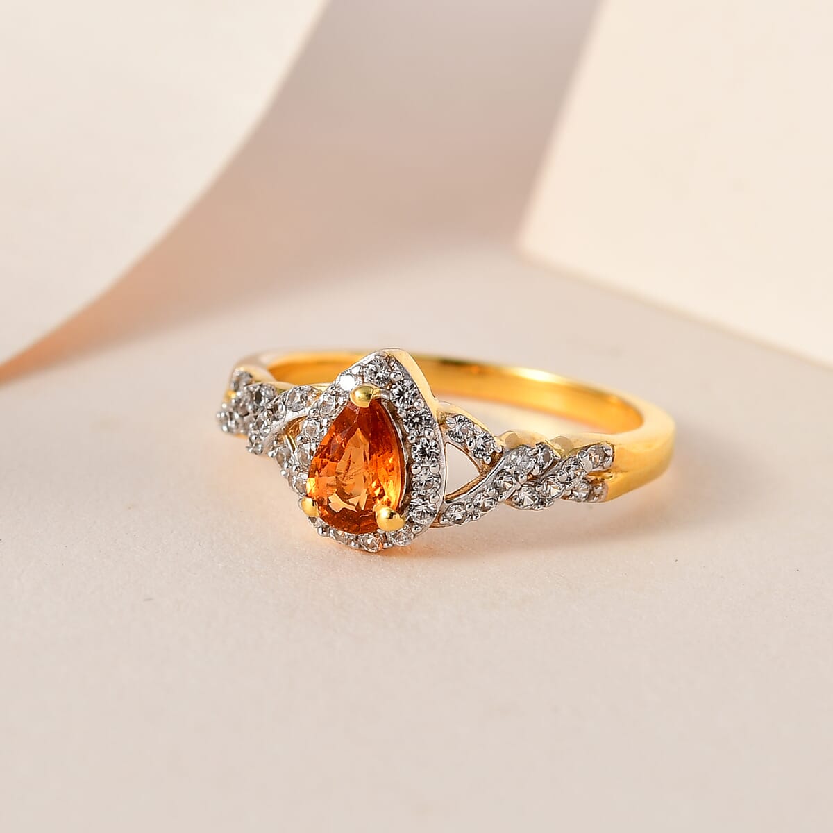 Premium Nigerian Spessartite Garnet and White Zircon Halo Ring in Vermeil Yellow Gold Over Sterling Silver 1.00 ctw image number 1