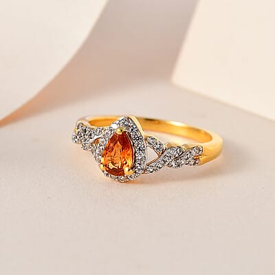 Premium Nigerian Spessartite Garnet and White Zircon Halo Ring in Vermeil Yellow Gold Over Sterling Silver (Size 10.0) 1.00 ctw