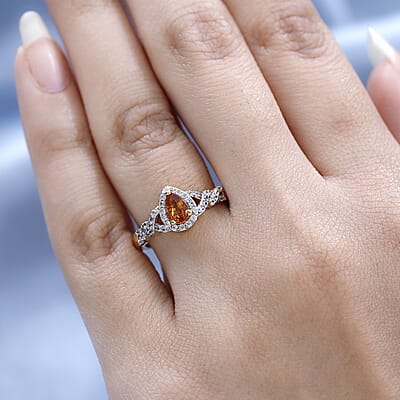 Premium Nigerian Spessartite Garnet and White Zircon Halo Ring in Vermeil Yellow Gold Over Sterling Silver (Size 10.0) 1.00 ctw