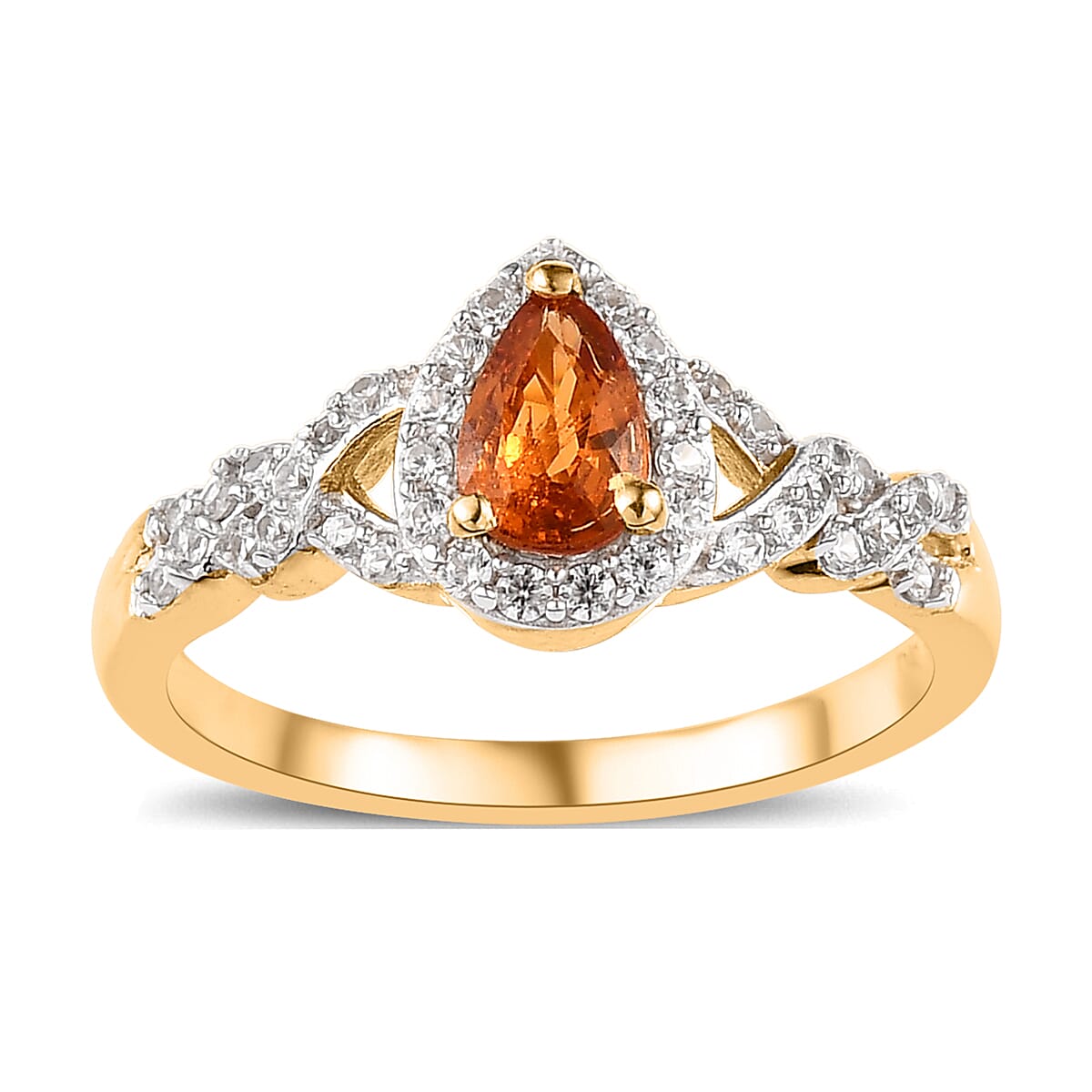 Premium Nigerian Spessartite Garnet and White Zircon Halo Ring in Vermeil Yellow Gold Over Sterling Silver (Size 6.0) 1.00 ctw