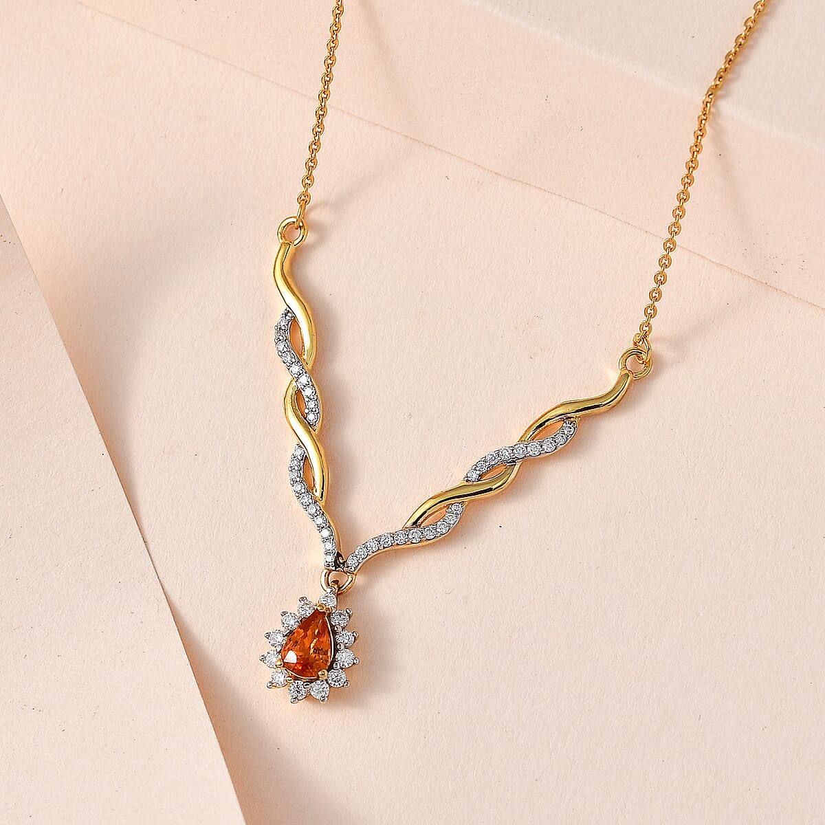 Premium Nigerian Spessartite Garnet and Moissanite 0.85 ctw Sunburst Necklace 18 Inches in Vermeil Yellow Gold Over Sterling Silver image number 1