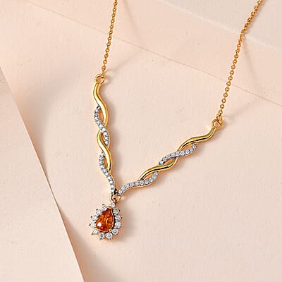Premium Nigerian Spessartite Garnet and Moissanite 0.85 ctw Sunburst Necklace 18 Inches in Vermeil Yellow Gold Over Sterling Silver