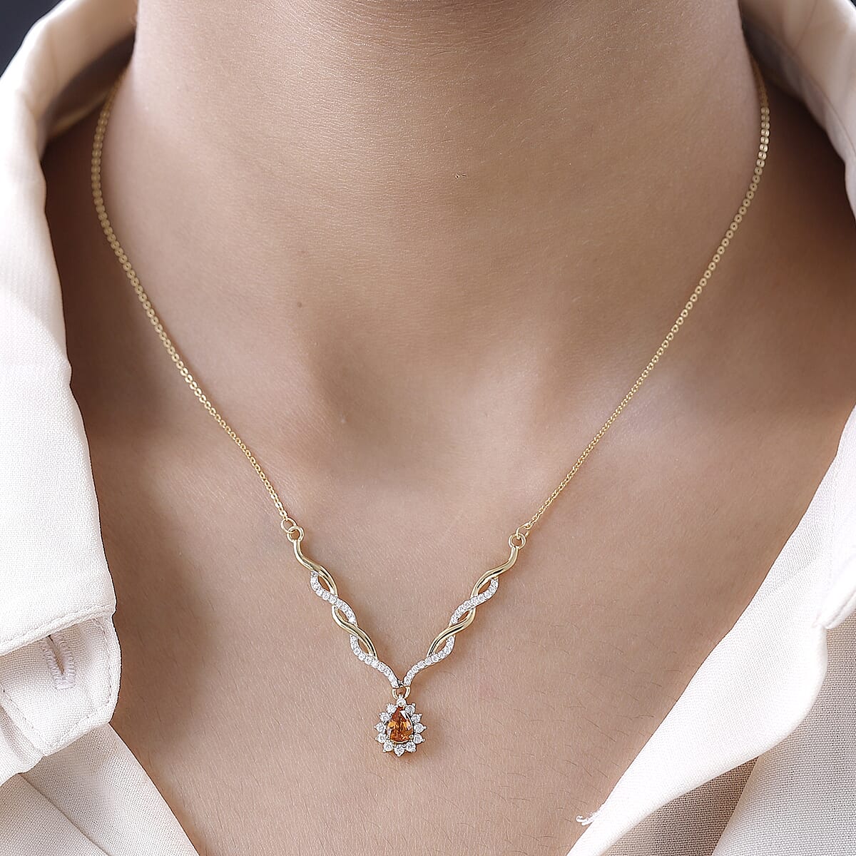 Premium Nigerian Spessartite Garnet and Moissanite 0.85 ctw Sunburst Necklace 18 Inches in Vermeil Yellow Gold Over Sterling Silver image number 2