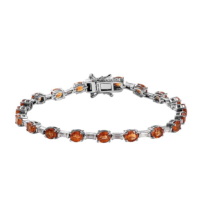 Premium Nigerian Spessartite Garnet and Moissanite Bracelet in Platinum Over Sterling Silver (7.25 In) 12.20 ctw