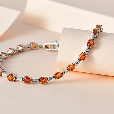 Premium Nigerian Spessartite Garnet and Moissanite Bracelet in Platinum Over Sterling Silver (7.25 In) 12.20 ctw
