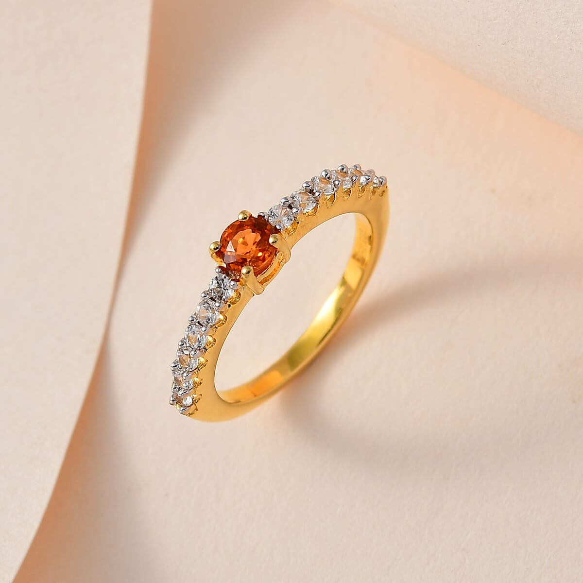 Premium Nigerian Spessartite Garnet and White Zircon Ring in Vermeil Yellow Gold Over Sterling Silver 0.75 ctw image number 1
