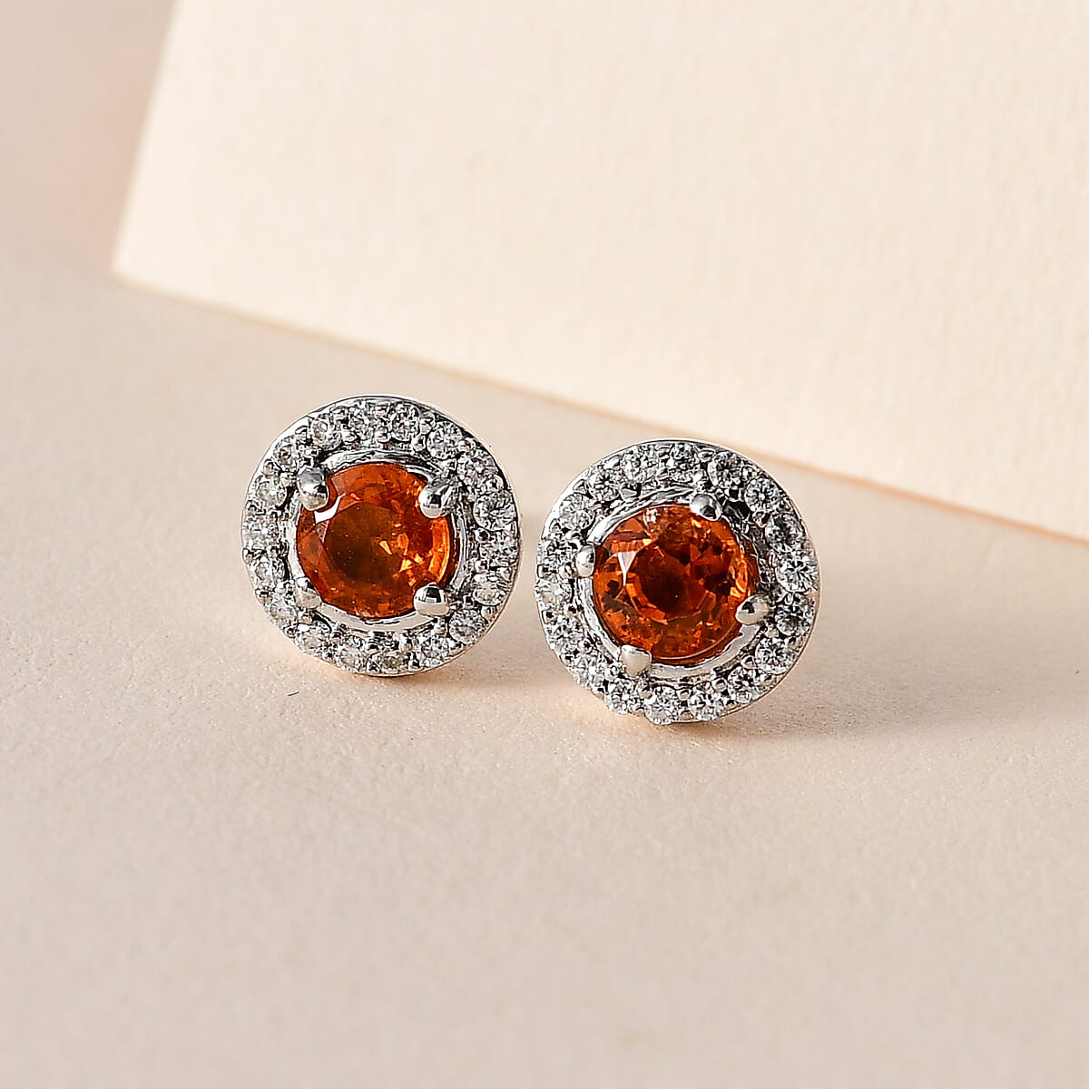 Premium Nigerian Spessartite Garnet and Moissanite Sunburst Stud Earrings in Platinum Over Sterling Silver 1.25 ctw image number 1
