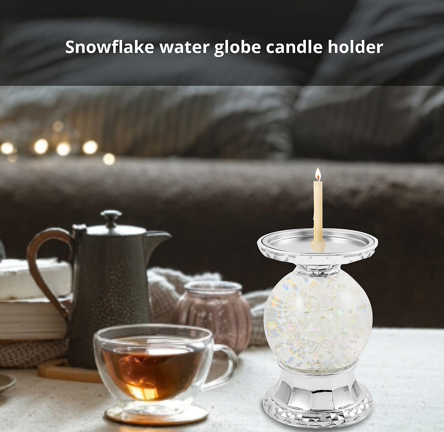 Closeout Snowflake Water Globe Candle Holder, Decorative Glass Candle Holder, Home Decor