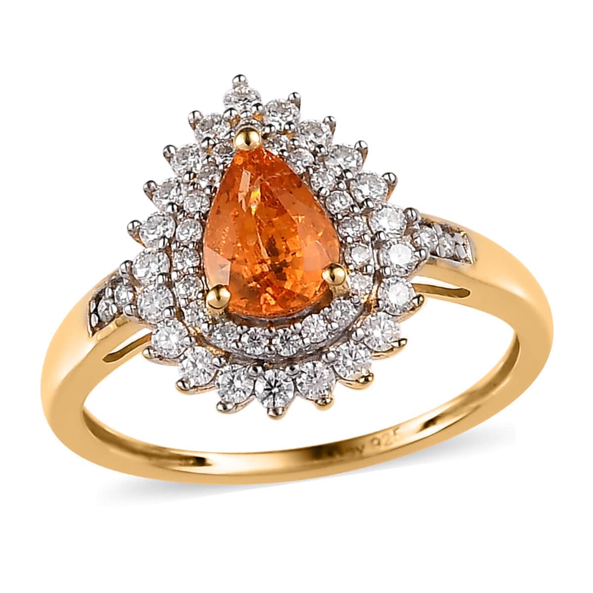 Premium Nigerian Spessartite Garnet and Moissanite Double Halo Ring in Vermeil Yellow Gold Over Sterling Silver 1.35 ctw image number 0