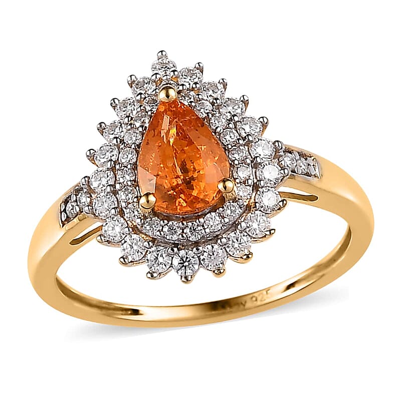 Premium Nigerian Spessartite Garnet and Moissanite Double Halo Ring in Vermeil Yellow Gold Over Sterling Silver (Size 10.0) 1.35 ctw