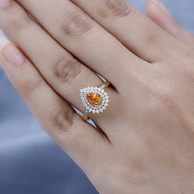 Premium Nigerian Spessartite Garnet and Moissanite Double Halo Ring in Vermeil Yellow Gold Over Sterling Silver (Size 10.0) 1.35 ctw