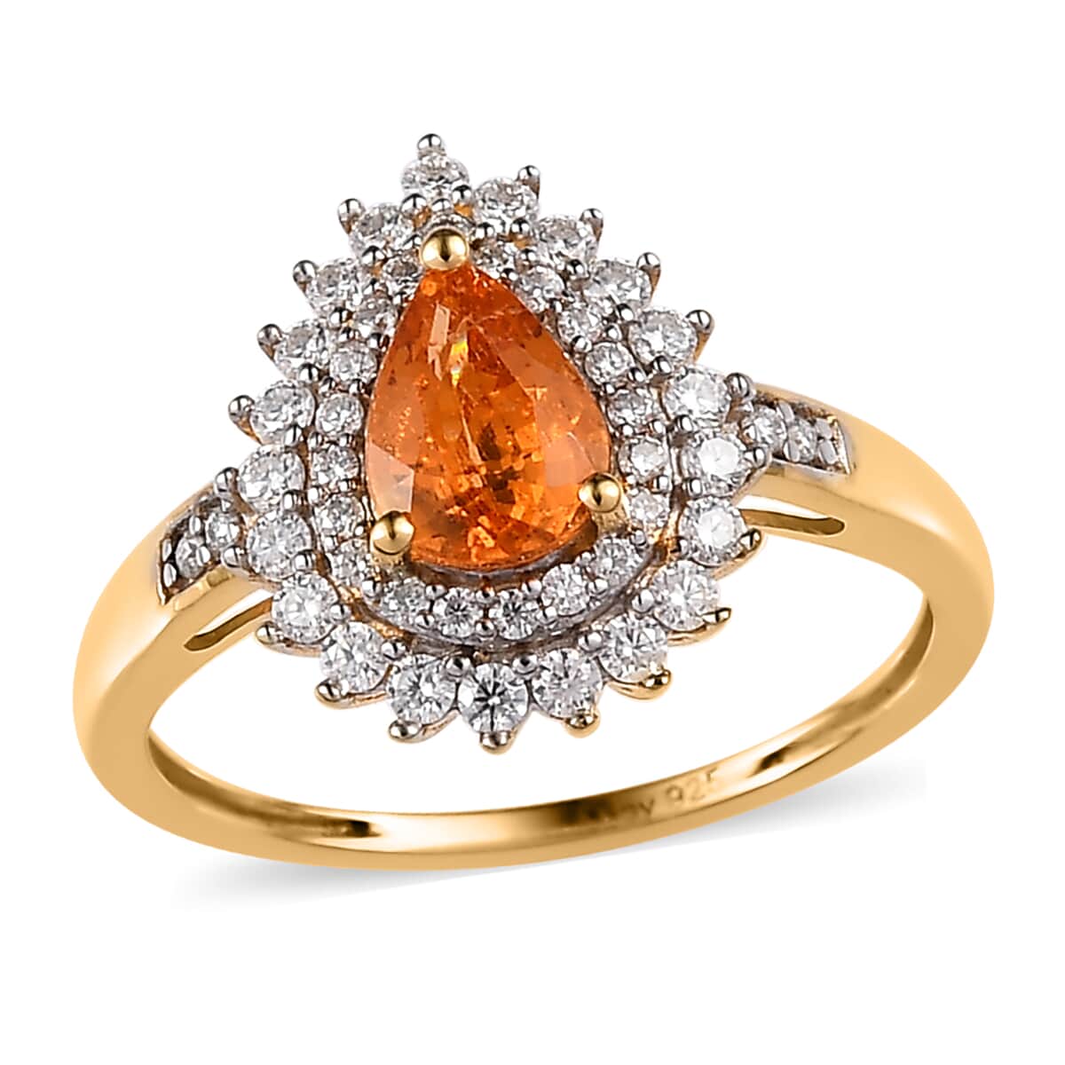 Premium Nigerian Spessartite Garnet and Moissanite Double Halo Ring in Vermeil Yellow Gold Over Sterling Silver (Size 9.0) 1.35 ctw image number 0