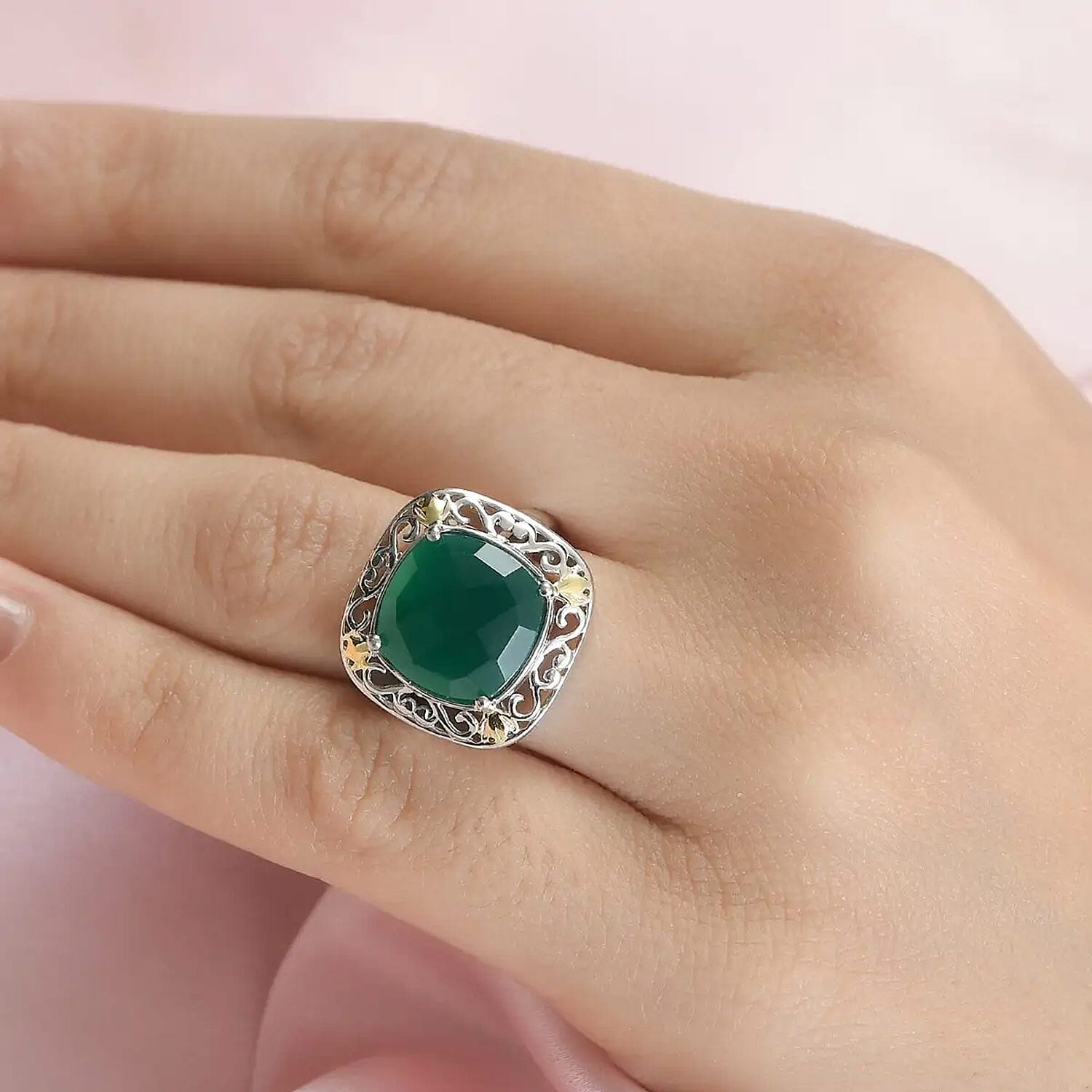 Karis Green Onyx Solitaire Ring in 18K YG Plated and Platinum Bond 6.00 ctw