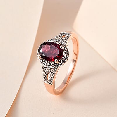 AAA Tanzanian Rhodolite Garnet and White Zircon Split Shank Ring in Vermeil Rose Gold Over Sterling Silver (Size 10.0) 1.85 ctw
