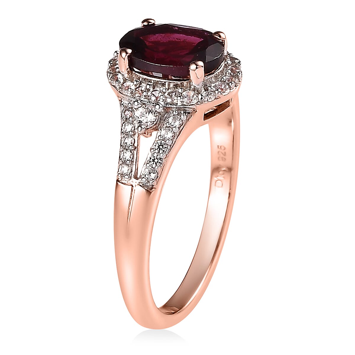 AAA Tanzanian Rhodolite Garnet and White Zircon Split Shank Ring in Vermeil Rose Gold Over Sterling Silver (Size 10.0) 1.85 ctw