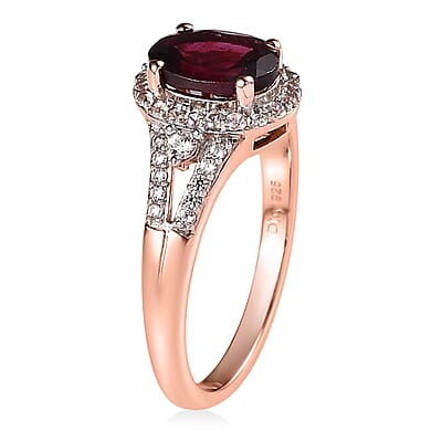 AAA Tanzanian Rhodolite Garnet and White Zircon Split Shank Ring in Vermeil Rose Gold Over Sterling Silver (Size 10.0) 1.85 ctw