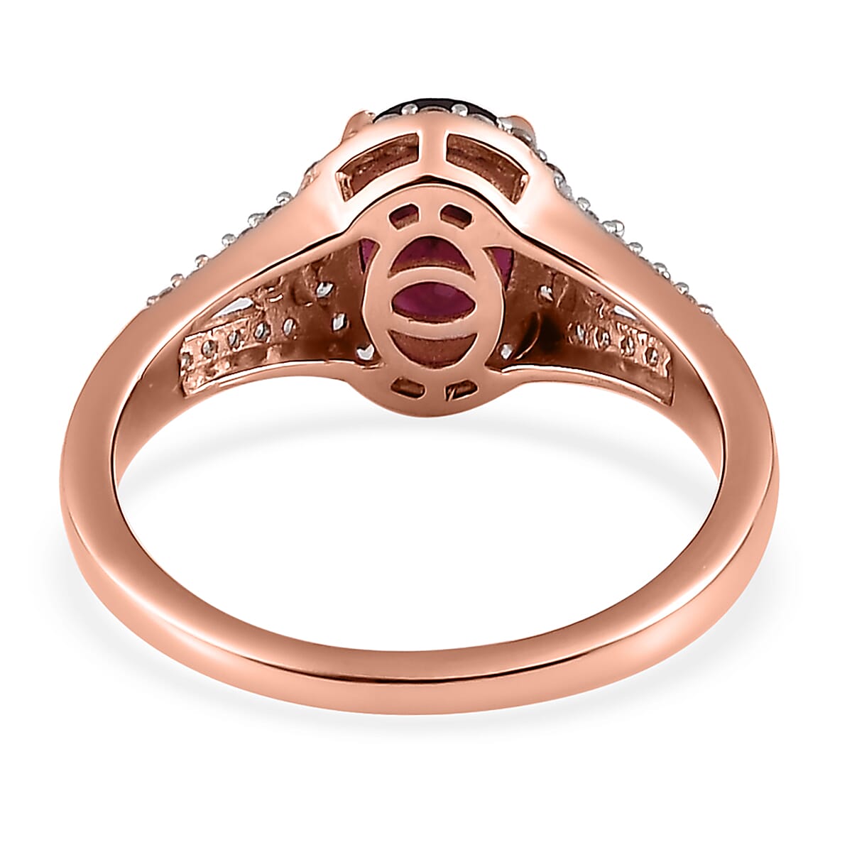 AAA Tanzanian Rhodolite Garnet and White Zircon Split Shank Ring in Vermeil Rose Gold Over Sterling Silver (Size 10.0) 1.85 ctw