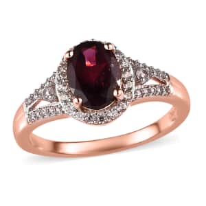 AAA Tanzanian Rhodolite Garnet and White Zircon Split Shank Ring in Vermeil Rose Gold Over Sterling Silver (Size 7.0) 1.85 ctw