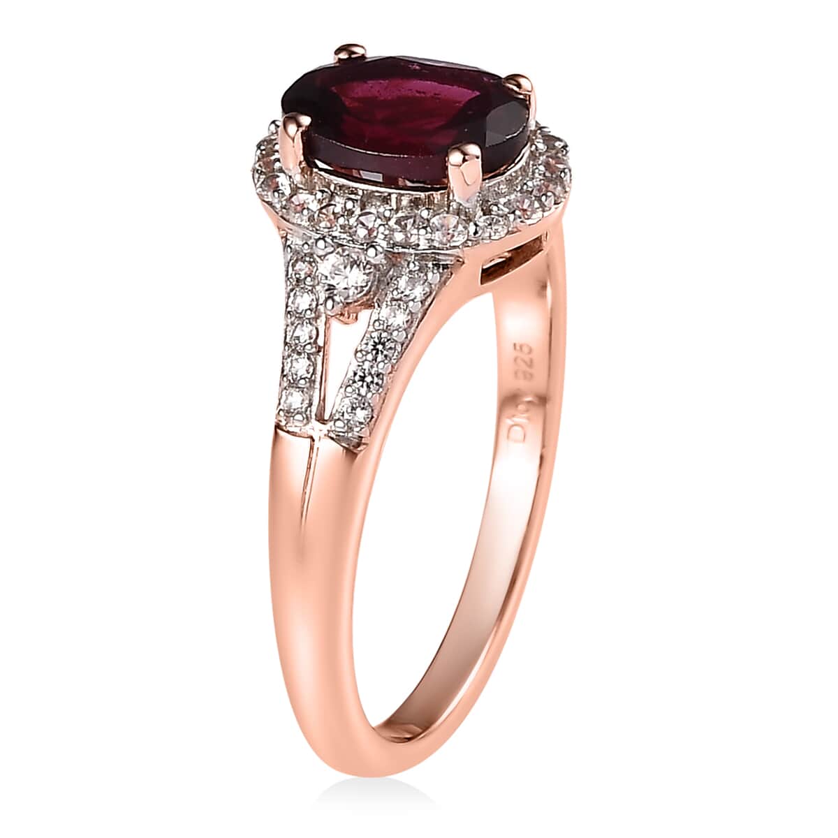 AAA Tanzanian Rhodolite Garnet and White Zircon Split Shank Ring in Vermeil Rose Gold Over Sterling Silver (Size 7.0) 1.85 ctw image number 3