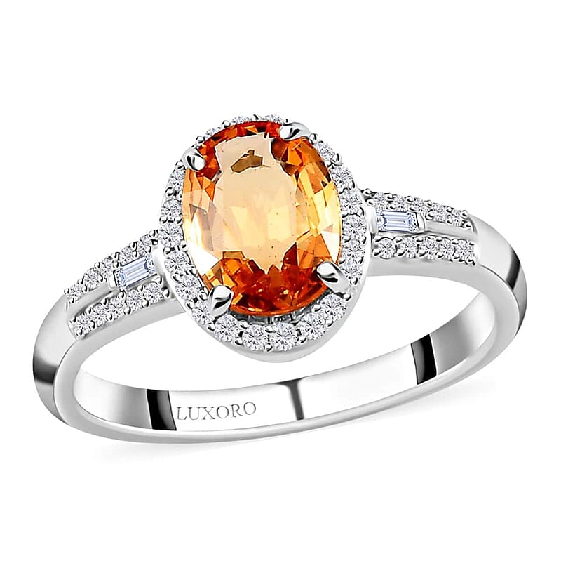 Luxoro Premium Natural Ceylon Orange Sapphire and G-H I2 Diamond 1.65 ctw Halo Ring in 10K White Gold (Size 10.0)