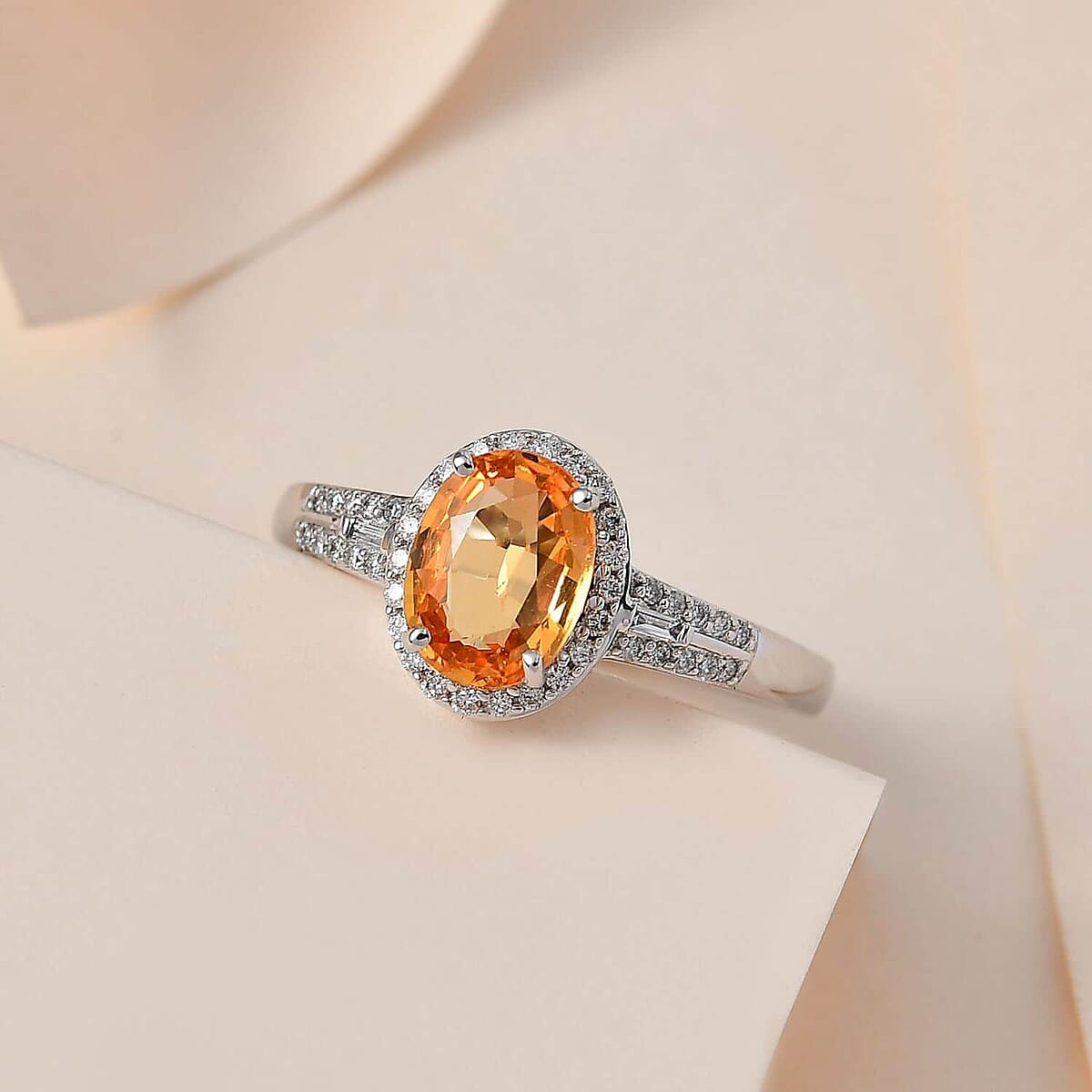 Luxoro 10K White Gold Premium Natural Ceylon Orange Sapphire and G-H I2 Diamond Halo Ring (Size 11.0) 1.65 ctw image number 1