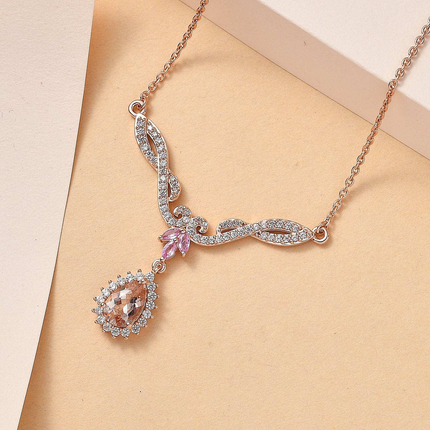 Premium Marropino Morganite and Multi Gemstone Necklace 18-20 Inches in Vermeil Rose Gold Over Sterling Silver 2.50 ctw