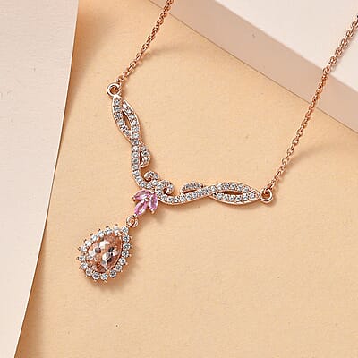 Premium Marropino Morganite and Multi Gemstone Necklace 18-20 Inches in Vermeil Rose Gold Over Sterling Silver 2.50 ctw