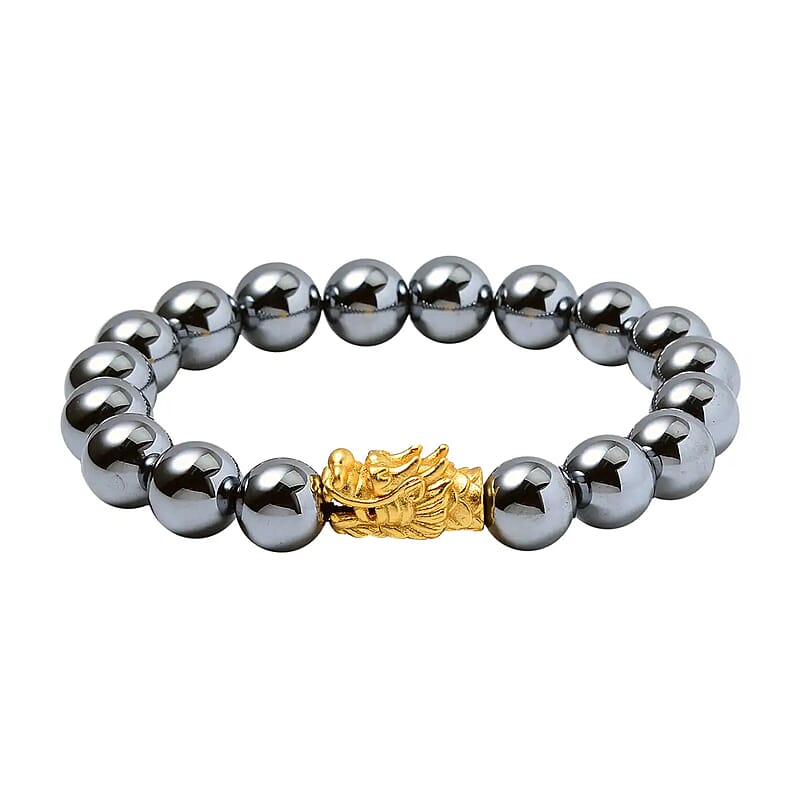 Terahertz 119.00 ctw Beaded Stretch Bracelet, Dragon Head in 14K Yellow Gold Over Sterling Silver Bracelet, Beaded Bracelet