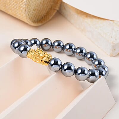 Terahertz 119.00 ctw Beaded Stretch Bracelet, Dragon Head in 14K Yellow Gold Over Sterling Silver Bracelet, Beaded Bracelet