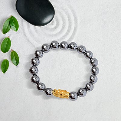 Terahertz 119.00 ctw Beaded Stretch Bracelet, Dragon Head in 14K Yellow Gold Over Sterling Silver Bracelet, Beaded Bracelet