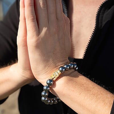 Terahertz 119.00 ctw Beaded Stretch Bracelet, Dragon Head in 14K Yellow Gold Over Sterling Silver Bracelet, Beaded Bracelet