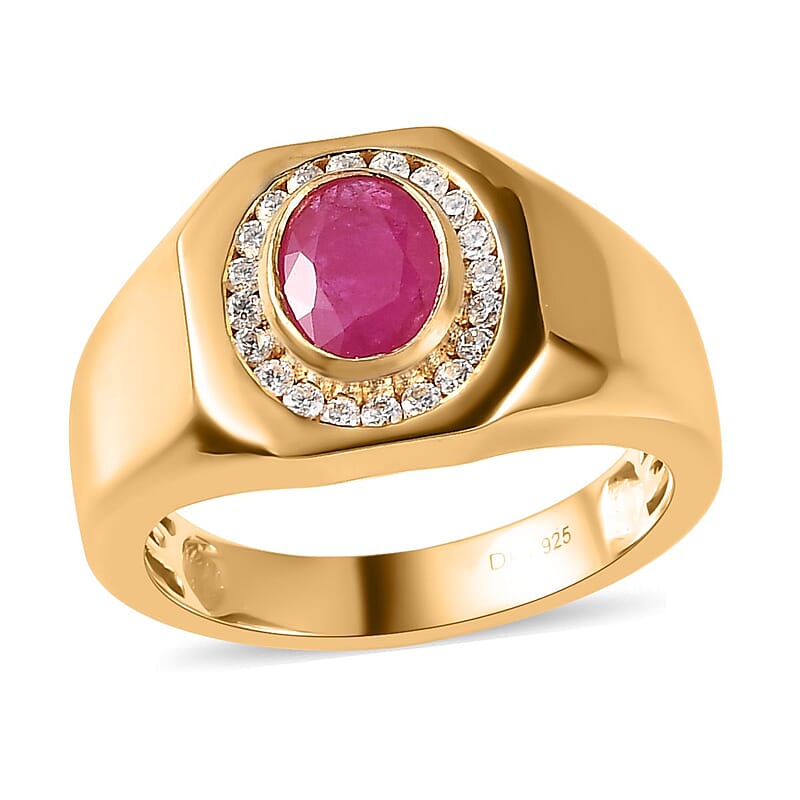 Premium Montepuez Ruby and Moissanite Men's Ring in Vermeil Yellow Gold Over Sterling Silver (Size 10.0) 1.60 ctw