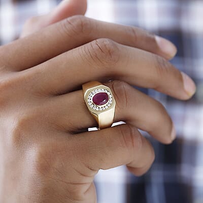 Premium Montepuez Ruby and Moissanite Men's Ring in Vermeil Yellow Gold Over Sterling Silver (Size 10.0) 1.60 ctw