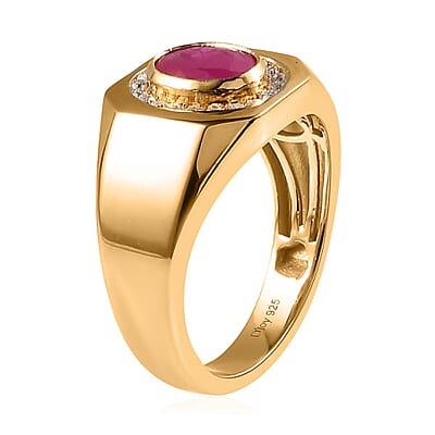 Premium Montepuez Ruby and Moissanite Men's Ring in Vermeil Yellow Gold Over Sterling Silver (Size 10.0) 1.60 ctw