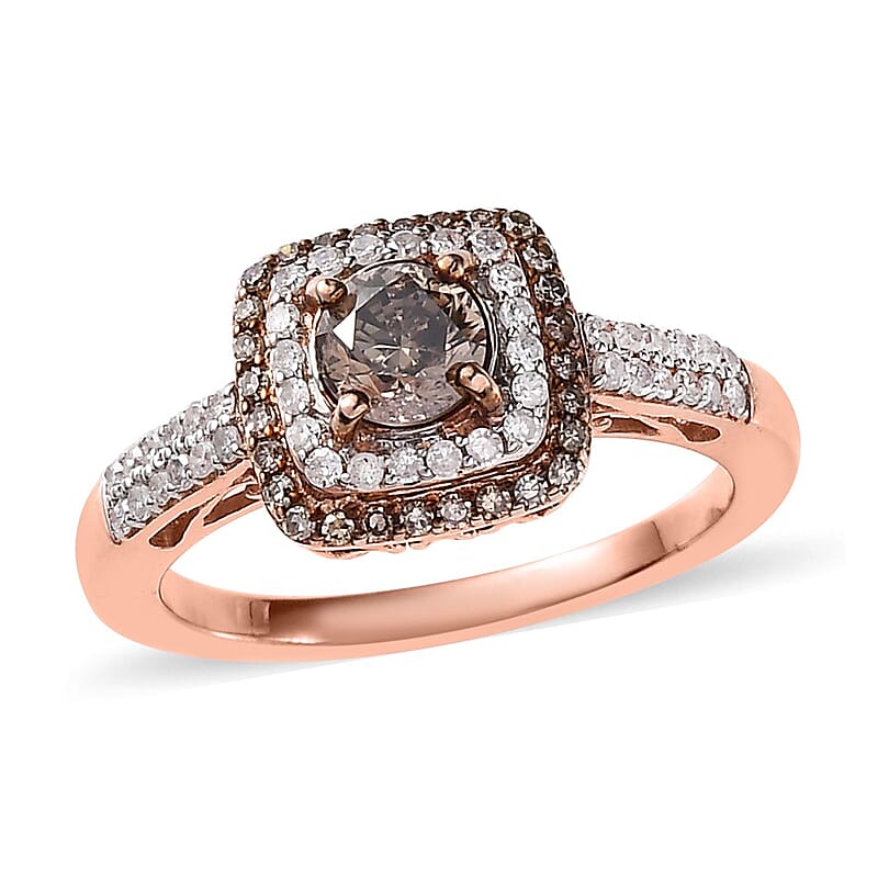 Natural Champagne and White Diamond Double Halo Ring in Vermeil Rose Gold Over Sterling Silver (Size 10.0) 1.00 ctw