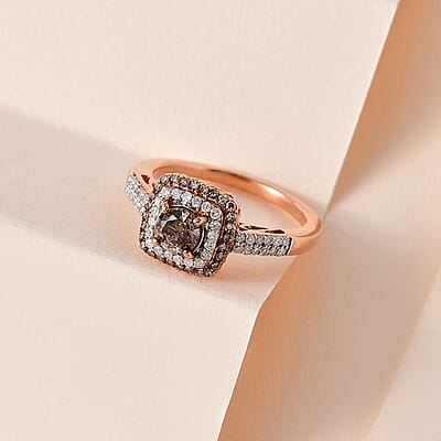 Natural Champagne and White Diamond Double Halo Ring in Vermeil Rose Gold Over Sterling Silver (Size 10.0) 1.00 ctw