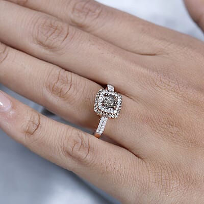 Natural Champagne and White Diamond Double Halo Ring in Vermeil Rose Gold Over Sterling Silver (Size 10.0) 1.00 ctw